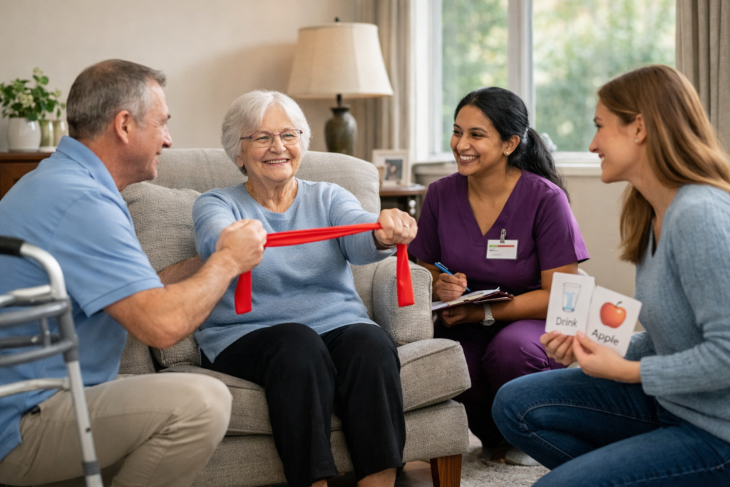 Senior woman doing resistance band exercises at home with support from a physical therapist and caregivers, promoting strength and independence through in‑home therapy.