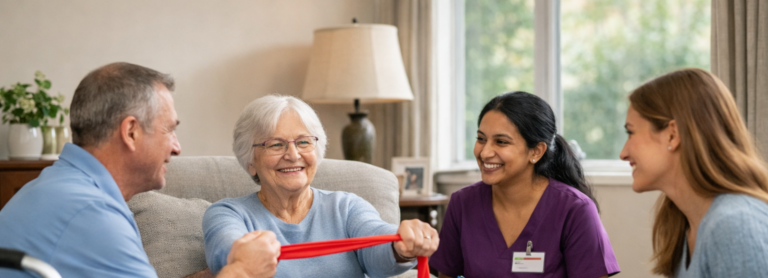 Senior receiving in‑home therapy with physical, occupational, and speech therapists in a supportive living room setting.